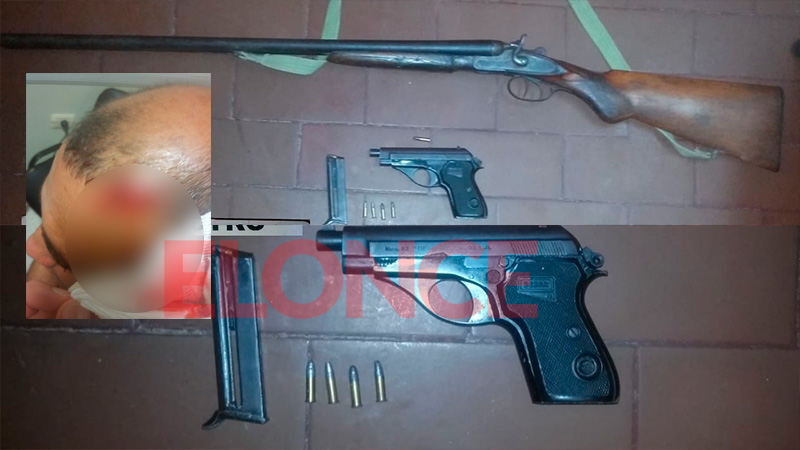 Las armas secuestradas y el corte que sufrió el policía Las armas secuestradas y el corte que sufrió el policía